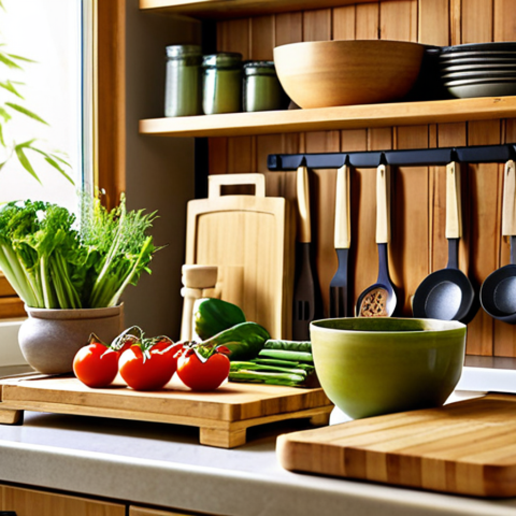 **

A bright, modern kitchen scene featuring bamboo kitchenware. Focus on a bamboo cutting board with fresh vegetables and herbs artfully arranged. Include bamboo utensils in a holder and a glimpse of bamboo bowls on a shelf in the background. Warm, natural lighting.

**