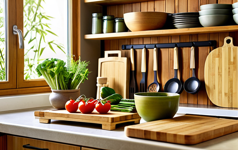 **
A bright, modern kitchen scene featuring bamboo kitchenware. Focus on a bamboo cutting board with fresh vegetables and herbs artfully arranged. Include bamboo utensils in a holder and a glimpse of bamboo bowls on a shelf in the background. Warm, natural lighting.
**